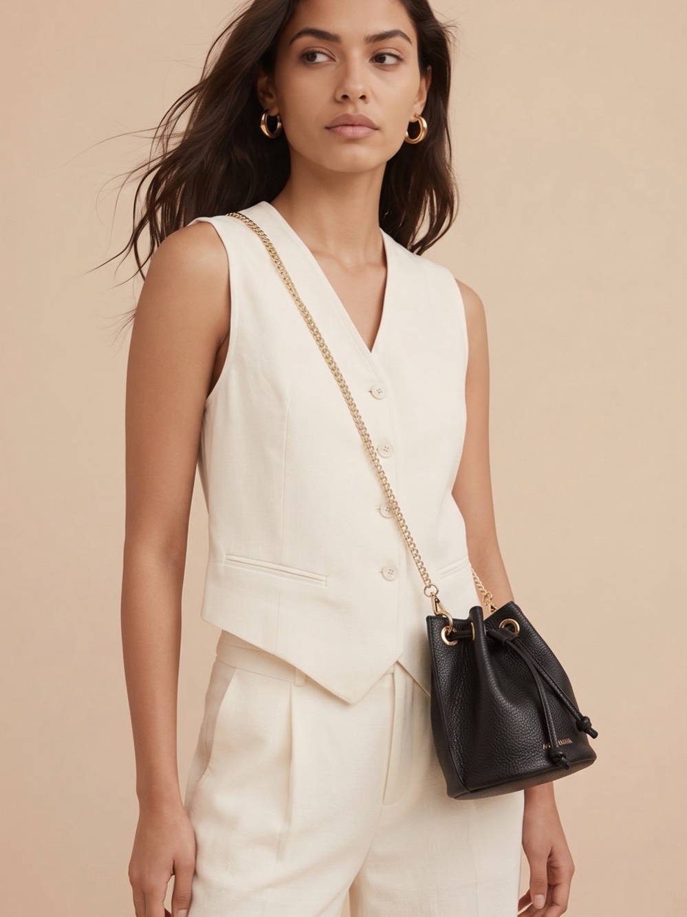 Anna Paola Bucket Bag Black Pebbled Leather Drawstring Gold Chain Italy Purse